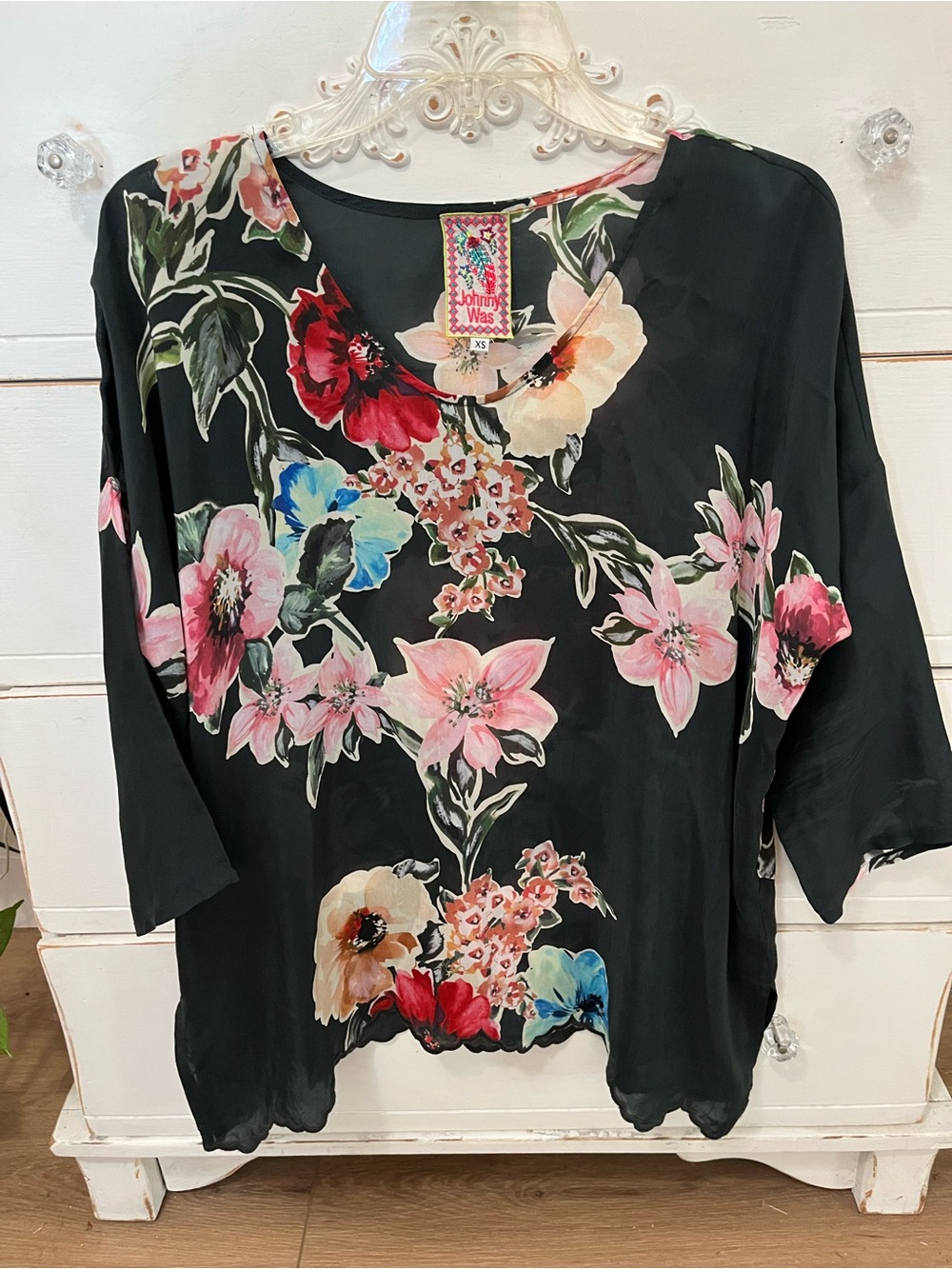 Johnny Was Black Floral Tunic with Large Floral Graphics